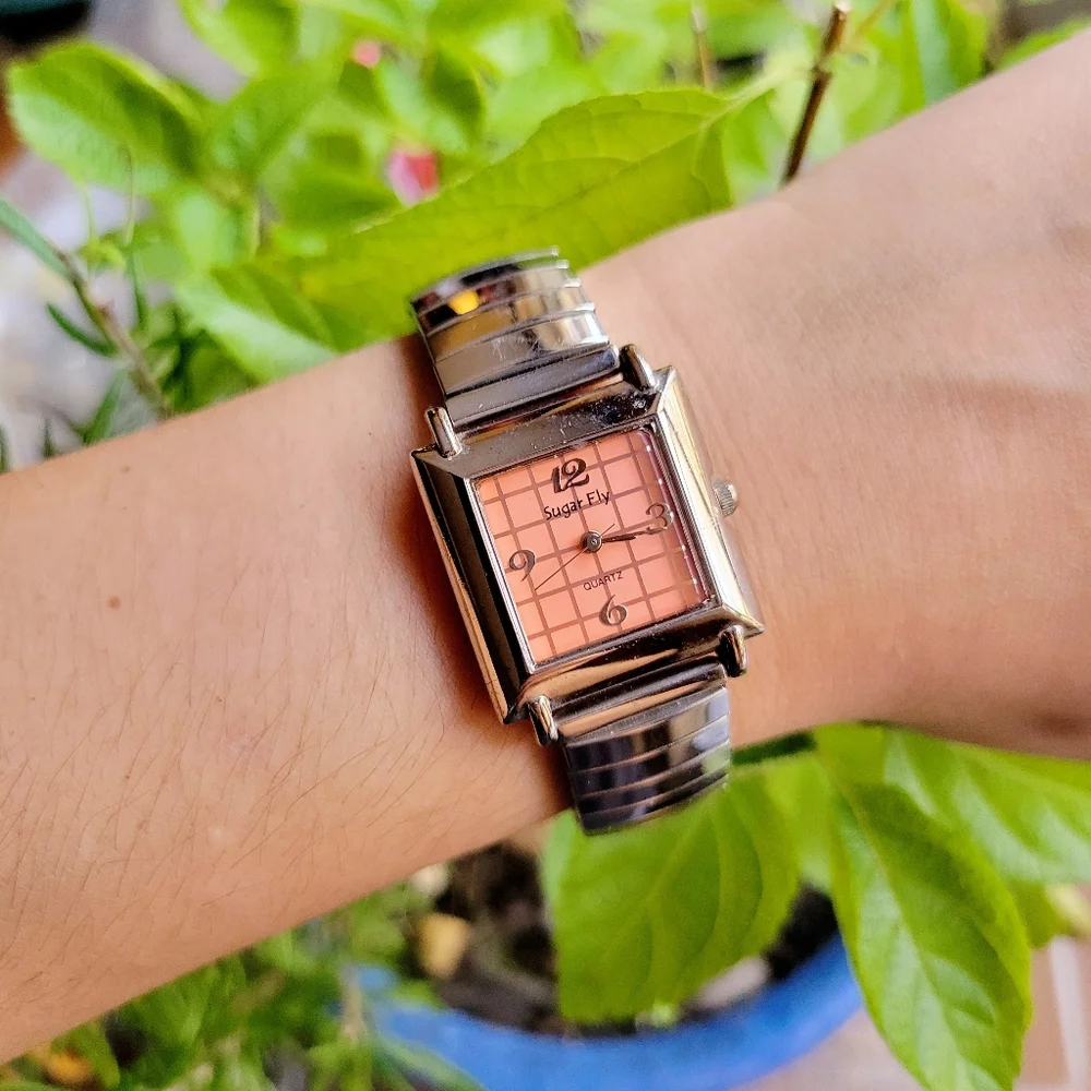 Classic Sugar Fly Quartz Womens Womans Silver & Orange Square Stretch Watch